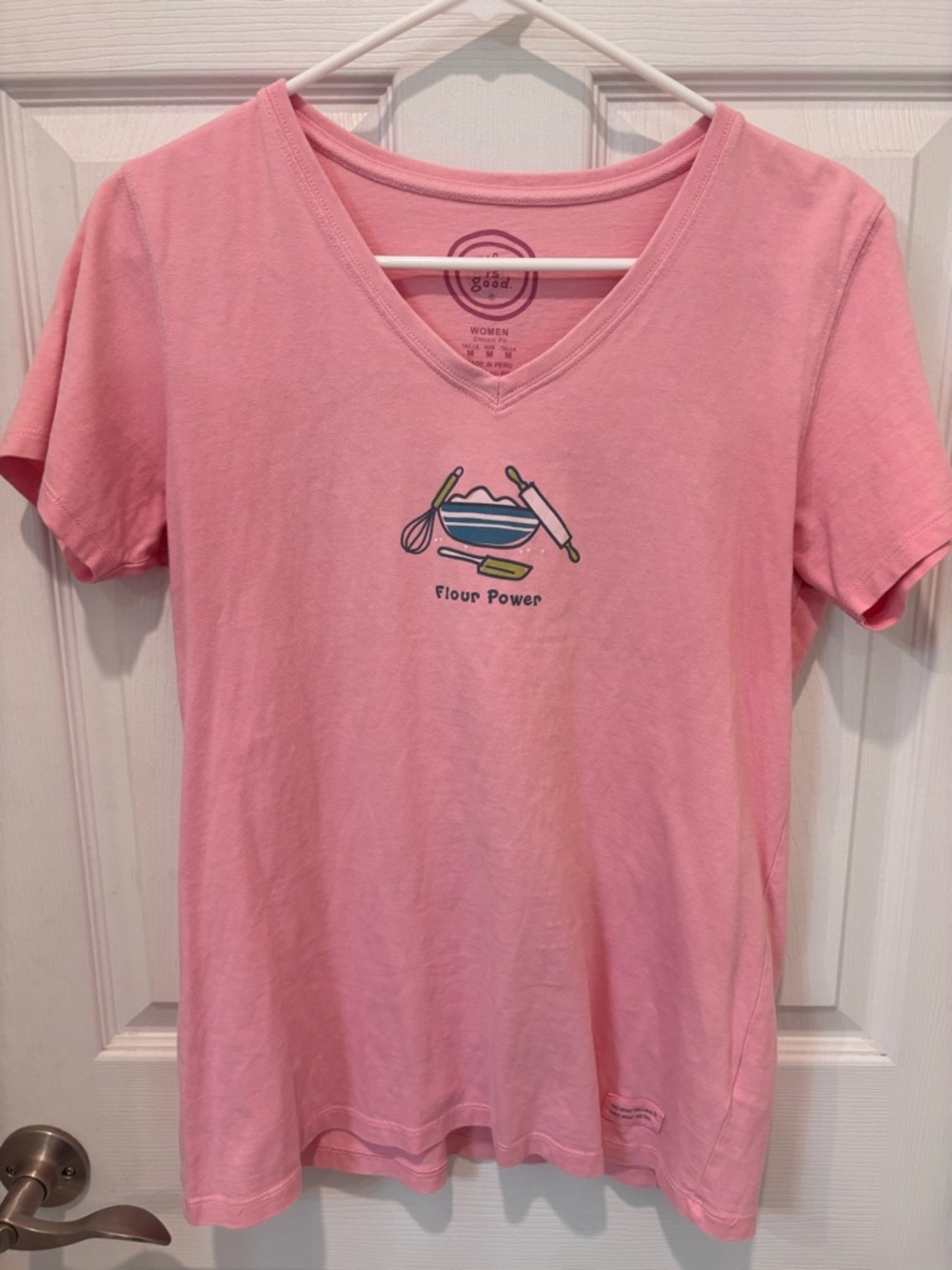 Life is Good Pink V-Neck 'Flour Power' Graphic Tee